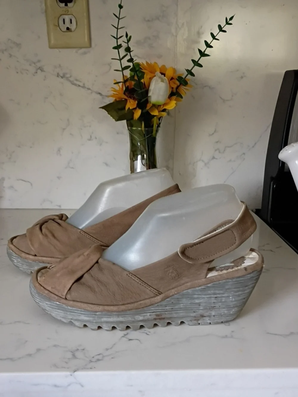 Fly London Women's Taupe Knot Front Wedge Sandals